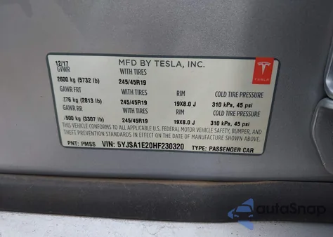 2017 Tesla Model S из США, поврежденный, VIN 5YJSA1E20HF230320